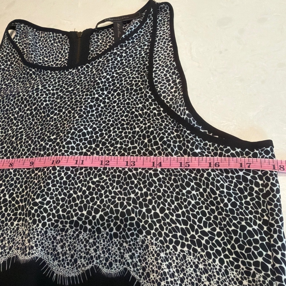 BCBGMAXAZRIA Sleeveless Top Women S Black Pebble Print Lace Trim Split Back Chic - Picture 5 of 8